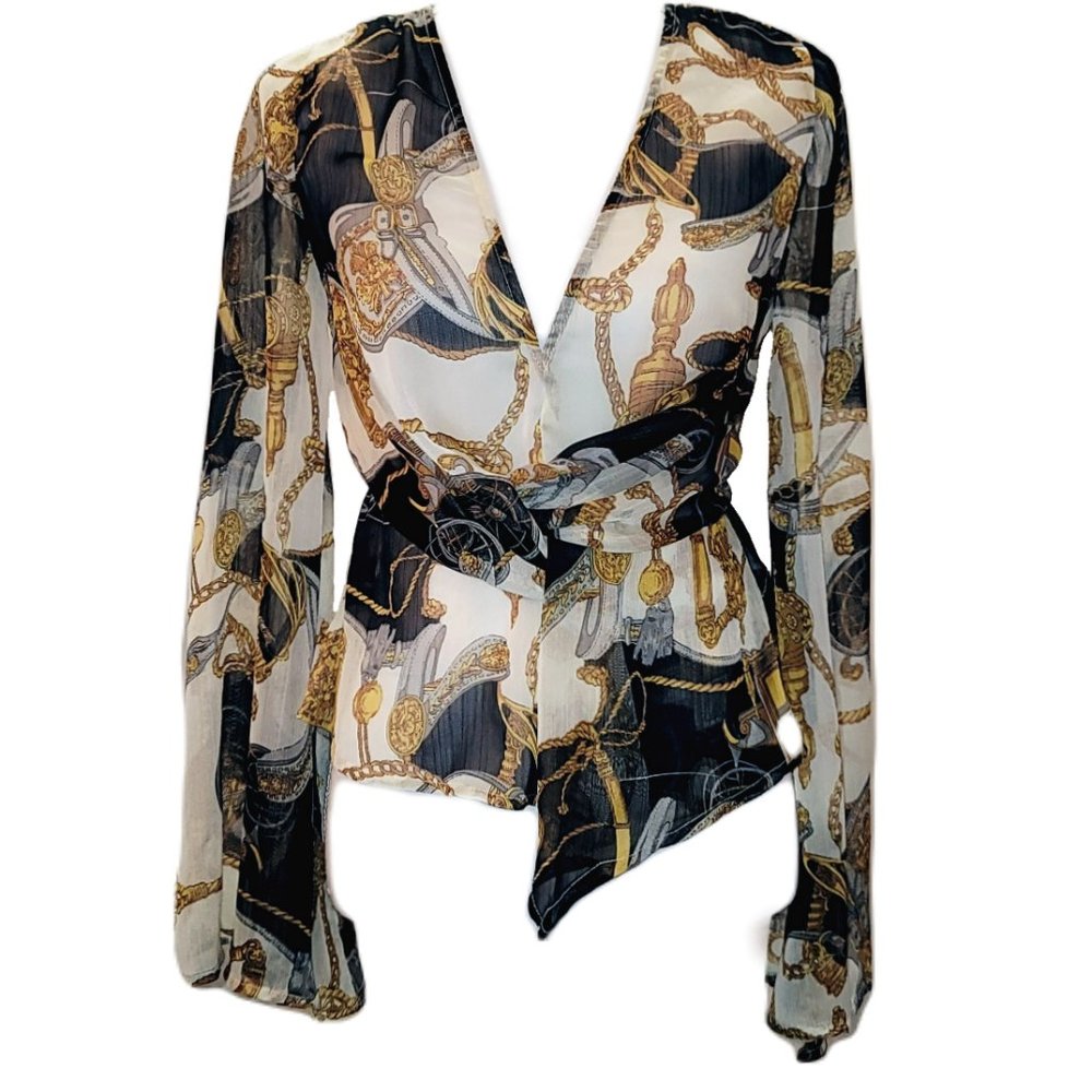 Banjul Womens Elegant Royal Rope Chain Deep V Chiffon Sheer Flutter Sleeve Top S